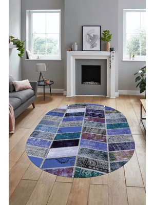 Evdeya Baskılı Kaymaz Taban Yıkanabilir Patchwork Desen Oval Yolluk Salon Halısı, O-Patchwork-10-Mavi,