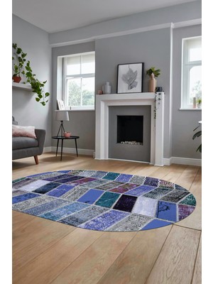 Evdeya Baskılı Kaymaz Taban Yıkanabilir Patchwork Desen Oval Yolluk Salon Halısı, O-Patchwork-10-Mavi,