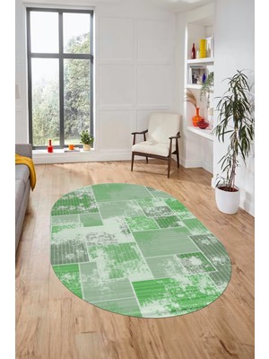 Evdeya Baskılı Kaymaz Taban Yıkanabilir Patchwork Desen Oval Yolluk Salon Halısı, O-Patchwork-20-Yeşil,