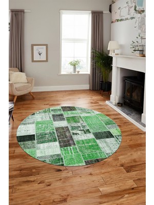 Evdeya Baskılı Kaymaz Yıkanabilir Patchwork Desen Yuvarlak Mutfak Salon Halısı, Y-Patchwork-03-Yeşil,