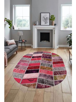 Evdeya Baskılı Kaymaz Taban Yıkanabilir Patchwork Desen Oval Yolluk Salon Halısı, O-Patchwork-10-Kırmızı,