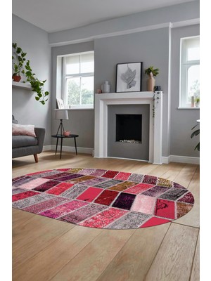 Evdeya Baskılı Kaymaz Taban Yıkanabilir Patchwork Desen Oval Yolluk Salon Halısı, O-Patchwork-10-Kırmızı,