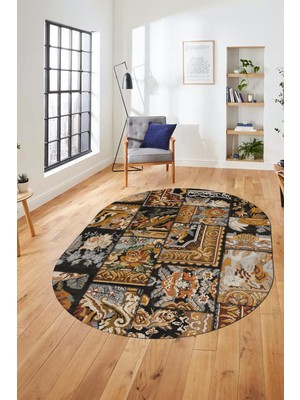 Evdeya Baskılı Kaymaz Taban Yıkanabilir Patchwork Desen Oval Yolluk Salon Halısı, O-Patchwork-12-Kahve,