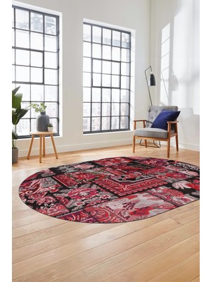 Evdeya Baskılı Kaymaz Taban Yıkanabilir Patchwork Desen Oval Yolluk Salon Halısı, O-Patchwork-12-Kırmızı,