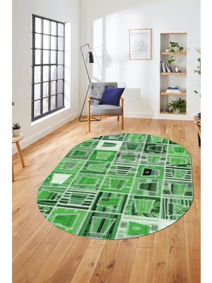Evdeya Baskılı Kaymaz Taban Yıkanabilir Patchwork Desen Oval Yolluk Salon Halısı, O-Patchwork-11-Yeşil,