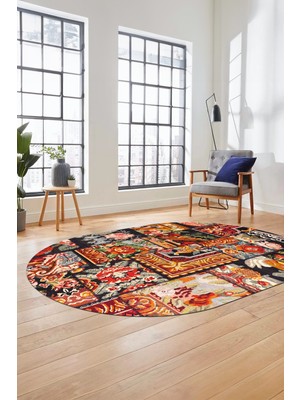 Evdeya Baskılı Kaymaz Taban Yıkanabilir Patchwork Desen Oval Yolluk Salon Halısı, O-Patchwork-12-Renkli,