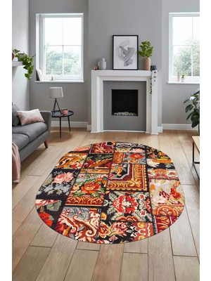 Evdeya Baskılı Kaymaz Taban Yıkanabilir Patchwork Desen Oval Yolluk Salon Halısı, O-Patchwork-12-Renkli,