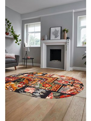 Evdeya Baskılı Kaymaz Taban Yıkanabilir Patchwork Desen Oval Yolluk Salon Halısı, O-Patchwork-12-Renkli,