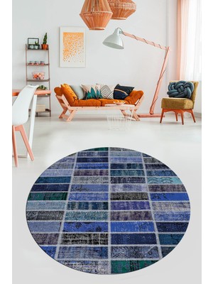 Evdeya Baskılı Kaymaz Yıkanabilir Patchwork Desen Yuvarlak Mutfak Salon Halısı, Y-Patchwork-09-Mavi,