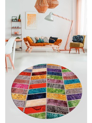 Evdeya Baskılı Kaymaz Yıkanabilir Patchwork Desen Yuvarlak Mutfak Salon Halısı, Y-Patchwork-10-Renkli,