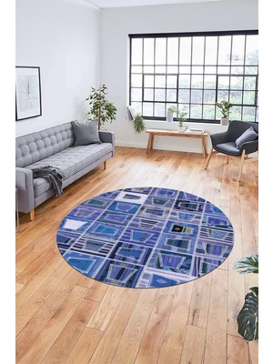 Evdeya Baskılı Kaymaz Yıkanabilir Patchwork Desen Yuvarlak Mutfak Salon Halısı, Y-Patchwork-11-Mavi,