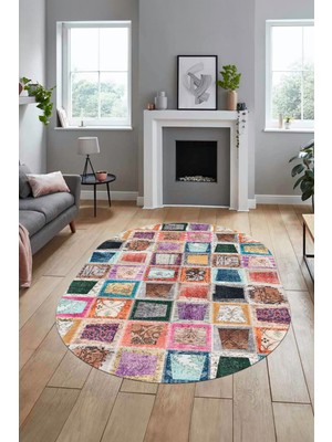 Evdeya Baskılı Kaymaz Taban Yıkanabilir Patchwork Desen Oval Yolluk Salon Halısı, O-Patchwork-14-Renkli,