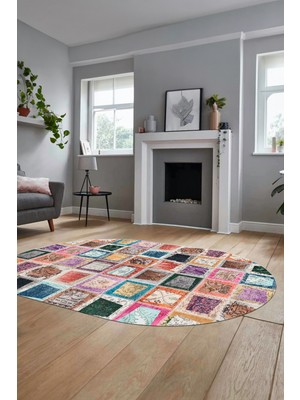 Evdeya Baskılı Kaymaz Taban Yıkanabilir Patchwork Desen Oval Yolluk Salon Halısı, O-Patchwork-14-Renkli,