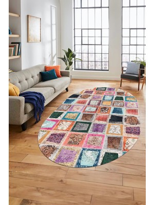 Evdeya Baskılı Kaymaz Taban Yıkanabilir Patchwork Desen Oval Yolluk Salon Halısı, O-Patchwork-14-Renkli,