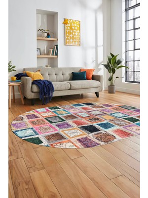 Evdeya Baskılı Kaymaz Taban Yıkanabilir Patchwork Desen Oval Yolluk Salon Halısı, O-Patchwork-14-Renkli,