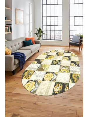 Evdeya Baskılı Kaymaz Taban Yıkanabilir Patchwork Desen Oval Yolluk Salon Halısı, O-Patchwork-19-Sarı,