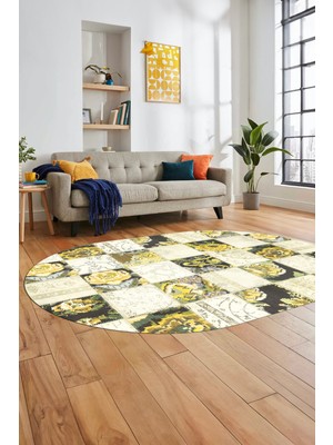 Evdeya Baskılı Kaymaz Taban Yıkanabilir Patchwork Desen Oval Yolluk Salon Halısı, O-Patchwork-19-Sarı,