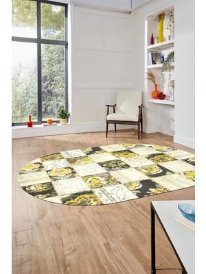 Evdeya Baskılı Kaymaz Taban Yıkanabilir Patchwork Desen Oval Yolluk Salon Halısı, O-Patchwork-19-Sarı,