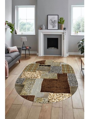 Evdeya Baskılı Kaymaz Taban Yıkanabilir Patchwork Desen Oval Yolluk Salon Halısı, O-Patchwork-15-Kahve,