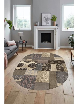 Evdeya Baskılı Kaymaz Taban Yıkanabilir Patchwork Desen Oval Yolluk Salon Halısı, O-Patchwork-16-Vizon,