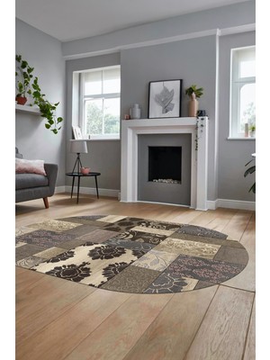 Evdeya Baskılı Kaymaz Taban Yıkanabilir Patchwork Desen Oval Yolluk Salon Halısı, O-Patchwork-16-Vizon,