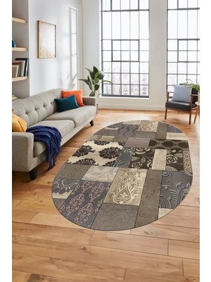 Evdeya Baskılı Kaymaz Taban Yıkanabilir Patchwork Desen Oval Yolluk Salon Halısı, O-Patchwork-16-Vizon,