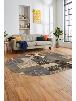 Evdeya Baskılı Kaymaz Taban Yıkanabilir Patchwork Desen Oval Yolluk Salon Halısı, O-Patchwork-16-Vizon,