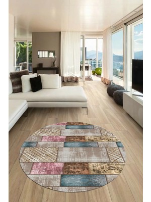 Evdeya Baskılı Kaymaz Yıkanabilir Patchwork Desen Yuvarlak Mutfak Salon Halısı, Y-Patchwork-18-Renkli,