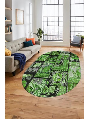 Evdeya Baskılı Kaymaz Taban Yıkanabilir Patchwork Desen Oval Yolluk Salon Halısı, O-Patchwork-12-Yeşil,