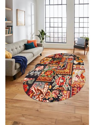 Evdeya Baskılı Kaymaz Taban Yıkanabilir Patchwork Desen Oval Yolluk Salon Halısı, O-Patchwork-12-Renkli,