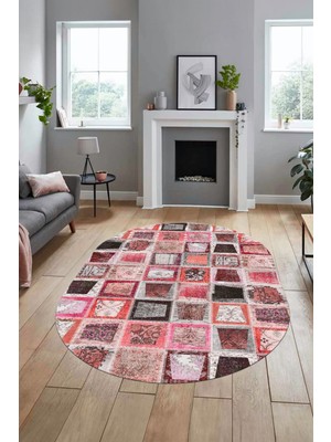 Evdeya Baskılı Kaymaz Taban Yıkanabilir Patchwork Desen Oval Yolluk Salon Halısı, O-Patchwork-14-Kırmızı,