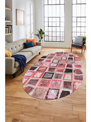 Evdeya Baskılı Kaymaz Taban Yıkanabilir Patchwork Desen Oval Yolluk Salon Halısı, O-Patchwork-14-Kırmızı,