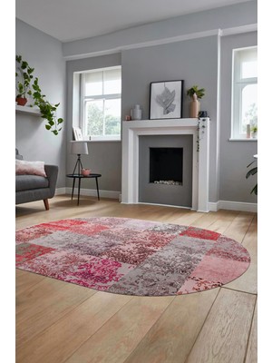 Evdeya Baskılı Kaymaz Taban Yıkanabilir Patchwork Desen Oval Yolluk Salon Halısı, O-Patchwork-17-Kırmızı,