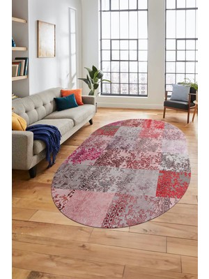 Evdeya Baskılı Kaymaz Taban Yıkanabilir Patchwork Desen Oval Yolluk Salon Halısı, O-Patchwork-17-Kırmızı,