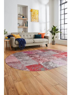 Evdeya Baskılı Kaymaz Taban Yıkanabilir Patchwork Desen Oval Yolluk Salon Halısı, O-Patchwork-17-Kırmızı,