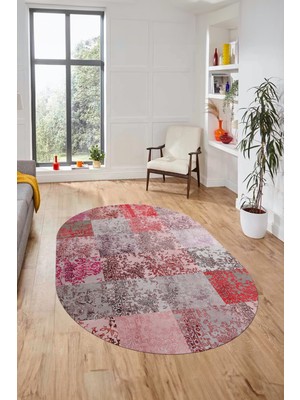 Evdeya Baskılı Kaymaz Taban Yıkanabilir Patchwork Desen Oval Yolluk Salon Halısı, O-Patchwork-17-Kırmızı,