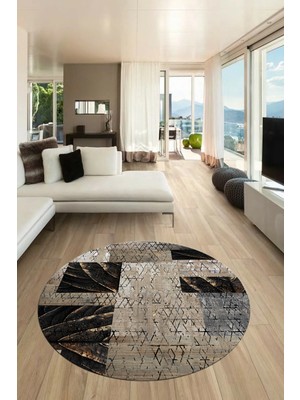 Evdeya Baskılı Kaymaz Yıkanabilir Patchwork Desen Yuvarlak Mutfak Salon Halısı, Y-Patchwork-05-Vizon,