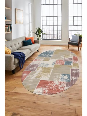 Evdeya Baskılı Kaymaz Taban Yıkanabilir Patchwork Desen Oval Yolluk Salon Halısı, O-Patchwork-20-Renkli,