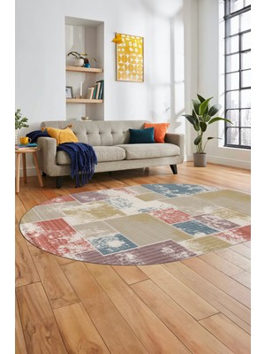 Evdeya Baskılı Kaymaz Taban Yıkanabilir Patchwork Desen Oval Yolluk Salon Halısı, O-Patchwork-20-Renkli,