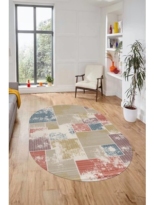 Evdeya Baskılı Kaymaz Taban Yıkanabilir Patchwork Desen Oval Yolluk Salon Halısı, O-Patchwork-20-Renkli,