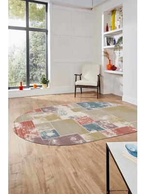 Evdeya Baskılı Kaymaz Taban Yıkanabilir Patchwork Desen Oval Yolluk Salon Halısı, O-Patchwork-20-Renkli,