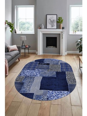 Evdeya Baskılı Kaymaz Taban Yıkanabilir Patchwork Desen Oval Yolluk Salon Halısı, O-Patchwork-15-Mavi,