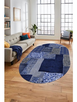 Evdeya Baskılı Kaymaz Taban Yıkanabilir Patchwork Desen Oval Yolluk Salon Halısı, O-Patchwork-15-Mavi,