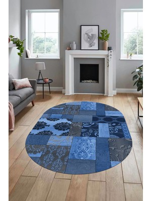 Evdeya Baskılı Kaymaz Taban Yıkanabilir Patchwork Desen Oval Yolluk Salon Halısı, O-Patchwork-16-Mavi,