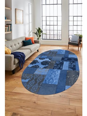 Evdeya Baskılı Kaymaz Taban Yıkanabilir Patchwork Desen Oval Yolluk Salon Halısı, O-Patchwork-16-Mavi,