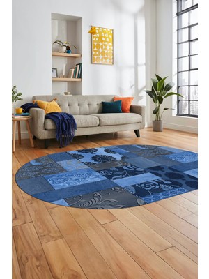 Evdeya Baskılı Kaymaz Taban Yıkanabilir Patchwork Desen Oval Yolluk Salon Halısı, O-Patchwork-16-Mavi,