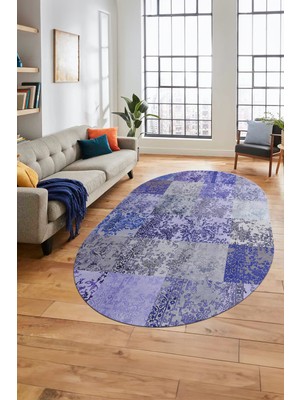 Evdeya Baskılı Kaymaz Taban Yıkanabilir Patchwork Desen Oval Yolluk Salon Halısı, O-Patchwork-17-Mavi,