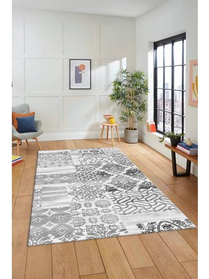 Evdeya Dijital Kaymaz Taban Yıkanabilir Patchwork Desen Yolluk Mutfak Salon Halısı, Patchwork-02-Gri,