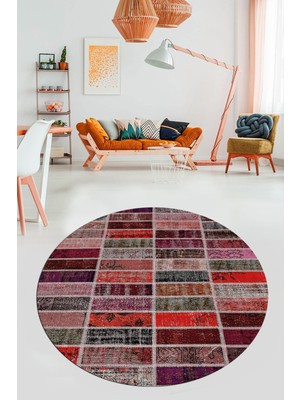 Evdeya Baskılı Kaymaz Yıkanabilir Patchwork Desen Yuvarlak Mutfak Salon Halısı, Y-Patchwork-09-Kırmızı,