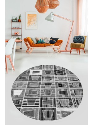 Evdeya Baskılı Kaymaz Yıkanabilir Patchwork Desen Yuvarlak Mutfak Salon Halısı, Y-Patchwork-11-Gri,